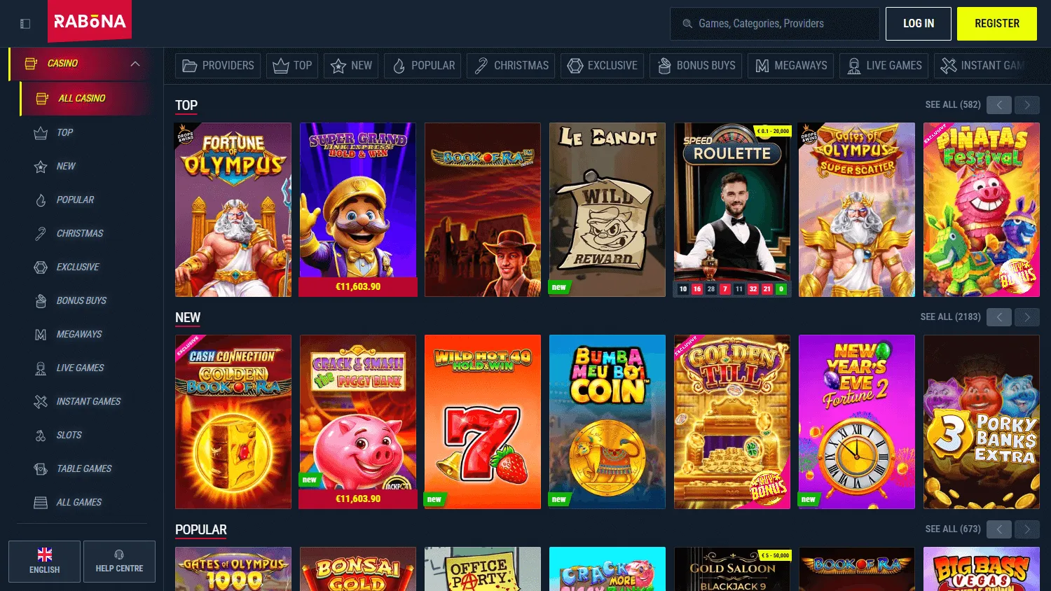 Rabona Casino games area on a desktop device