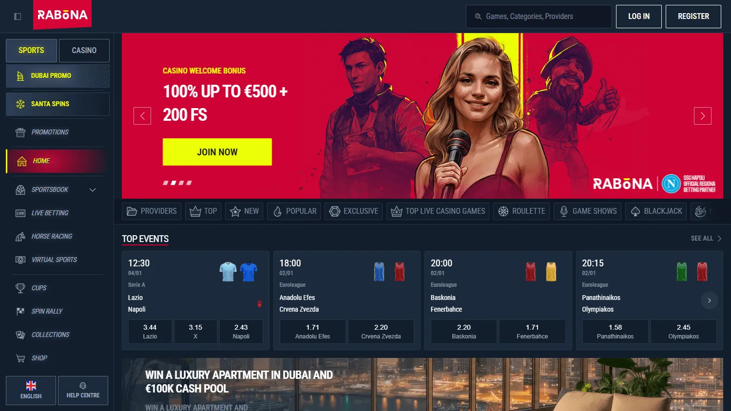 Rabona Casino home on a desktop device