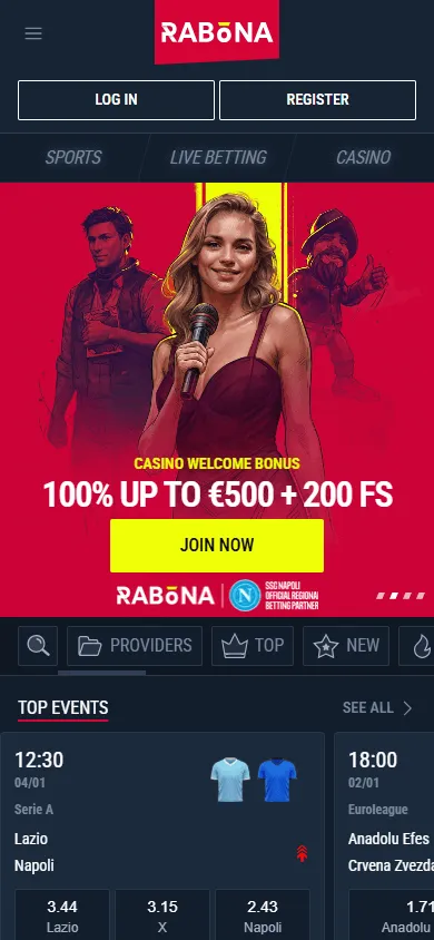 Rabona Casino home on a mobile device