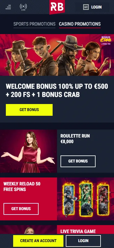 Rabona Casino promotional offers on a mobile device